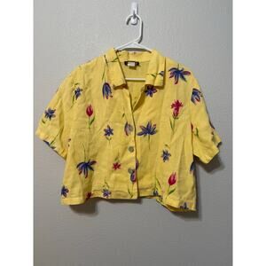 Vintage Yellow Floral 100% Linen Crop Top‎ Collared Tanuja Doir - Size M
